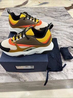 Authentic Dior Yellow Orange Brown Mesh Leather B22s calfskin Sneakers